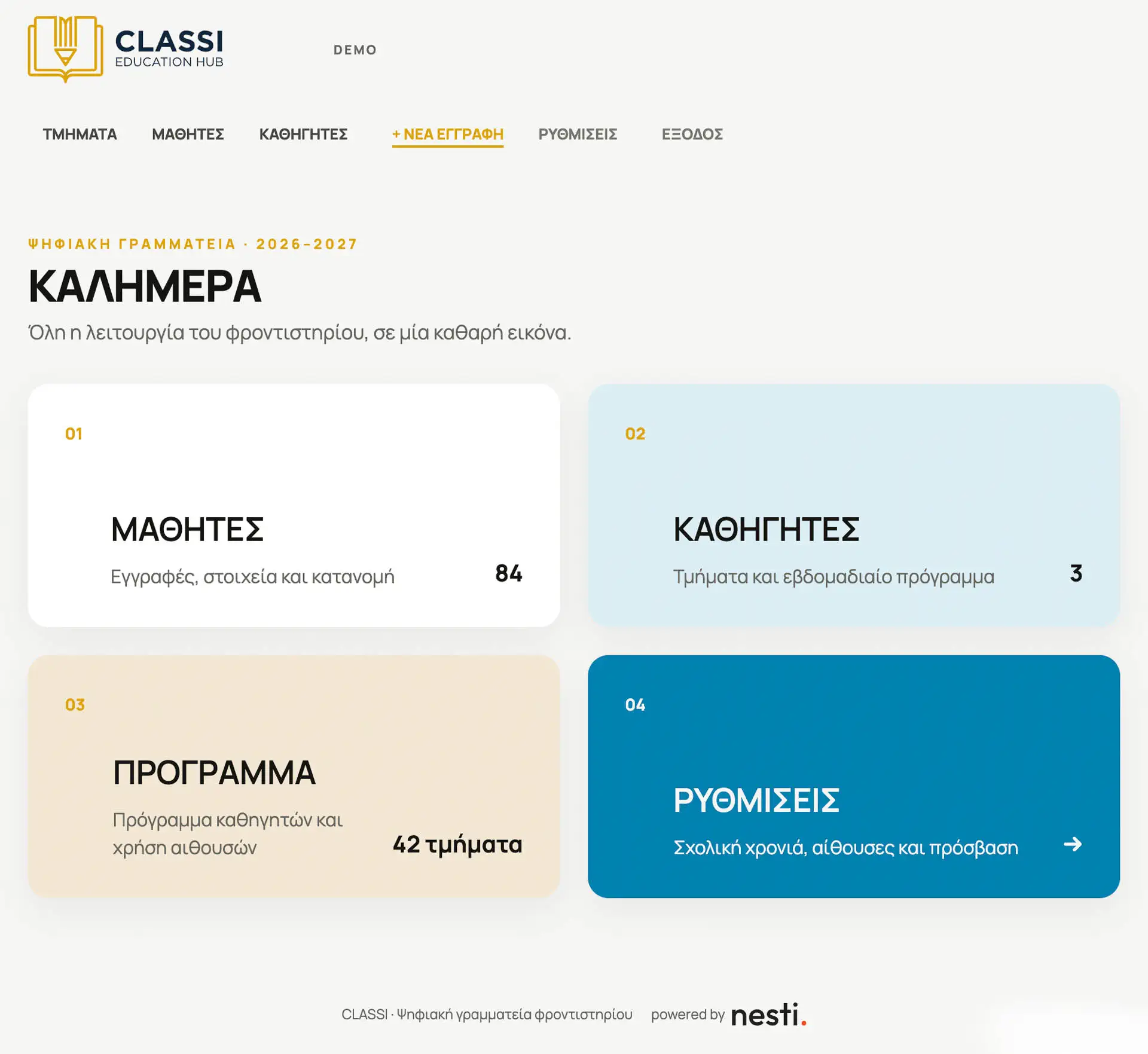 Η κεντρική οθόνη διαχείρισης του nesti